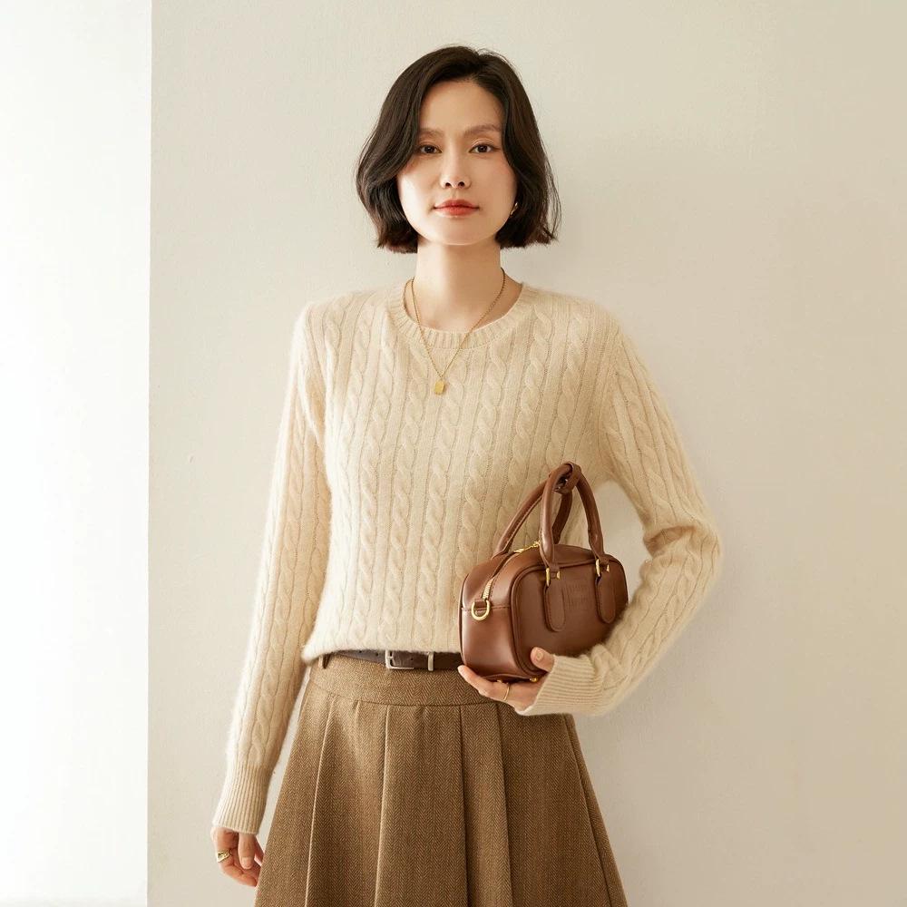 Women's Retro Cable Knit Cashmere Pullover Sweater, Round Neck, Slim-Fit, Autumn/Winter 2024 Collection