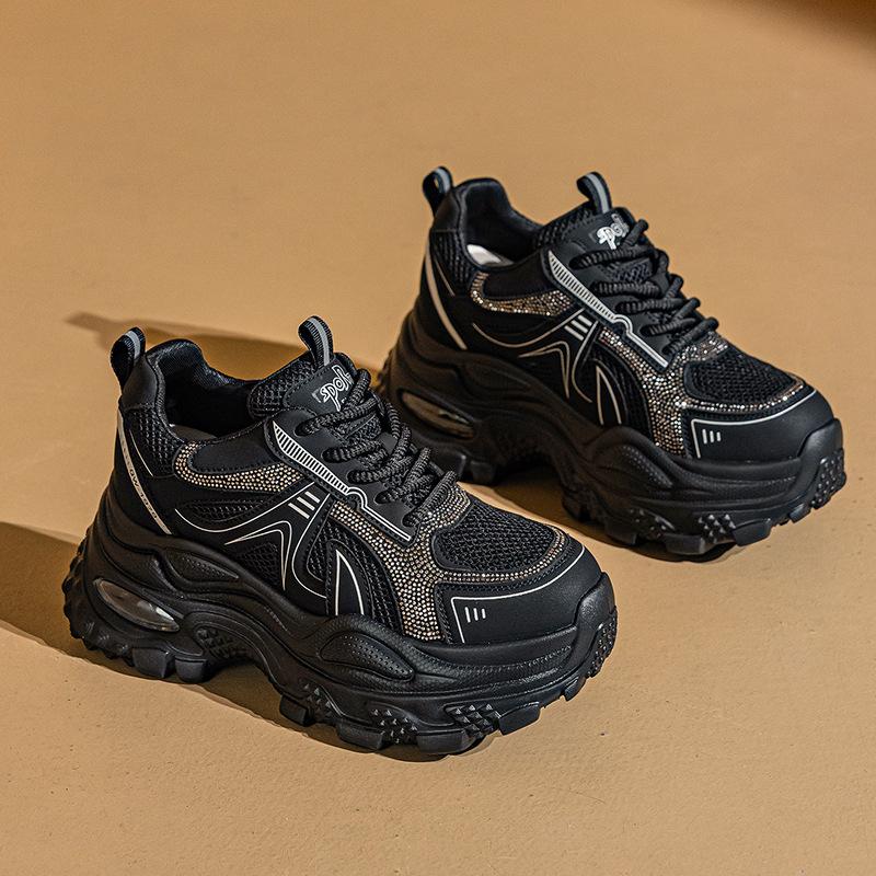 Small Man Thick-soled Inner Height Increase Dad Shoes Women's 2025 Autumn New Sports and Leisure Shoes Fashion Rhinestone Women's Shoes