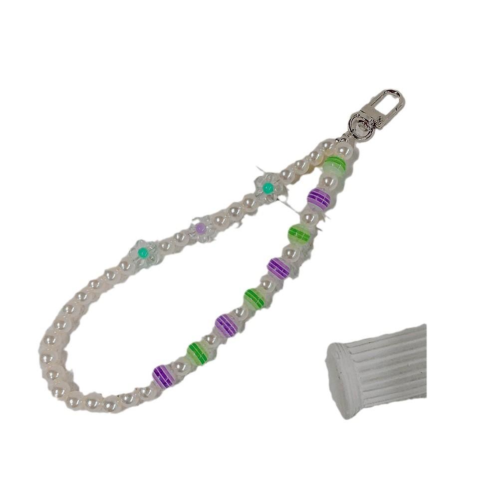 INS handmade string colored striped beads pearl flower anti-loss portable diagonal cross hand carry fashion chain mobile phone chain