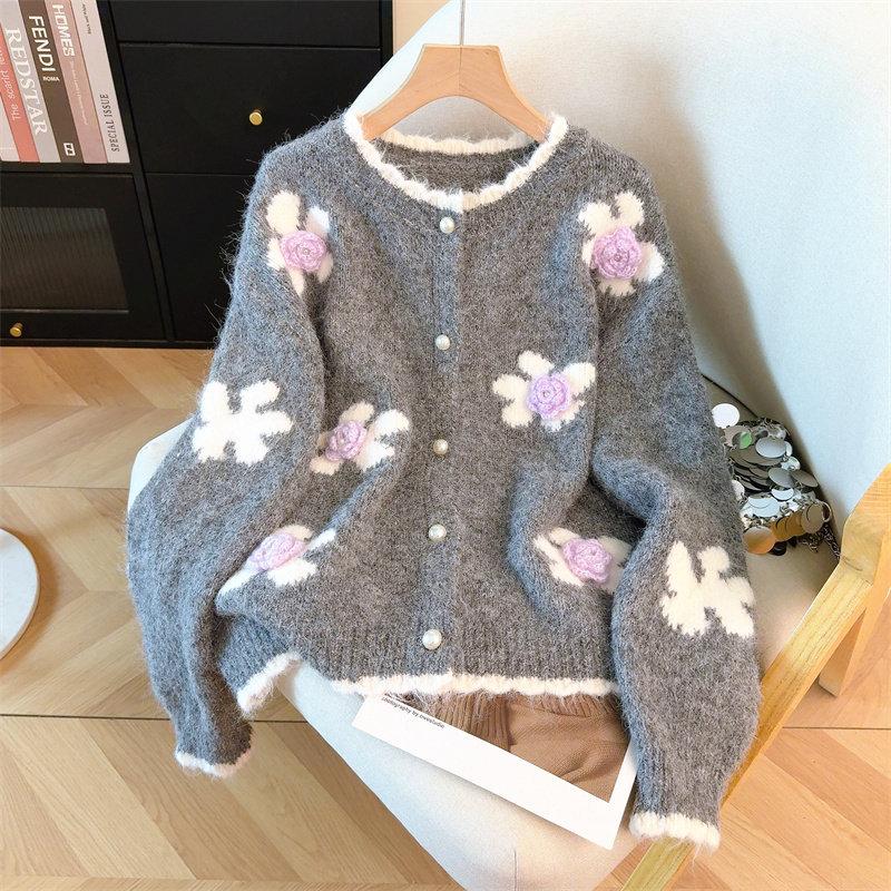 Heavy industry flower embroidered jacquard sweater cardigan women's autumn and winter temperament sweet soft waxy knitted coat