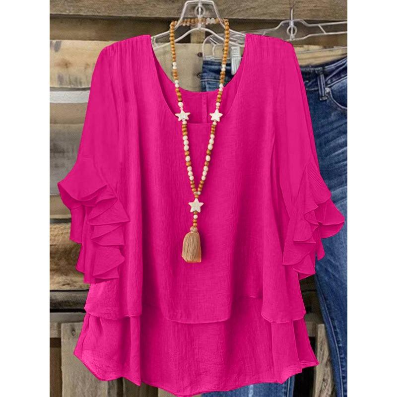 TIFICY Damenmode Lässig Frühling Herbst Einfarbige Drucke Langarm U-Ausschnitt Blusen & Hemden XXXL rose rot
