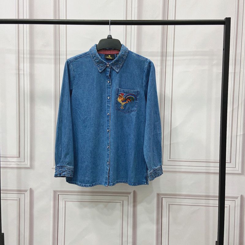 

European and American-Style Spring Cotton Loose 250 Denim Shirt Blue L