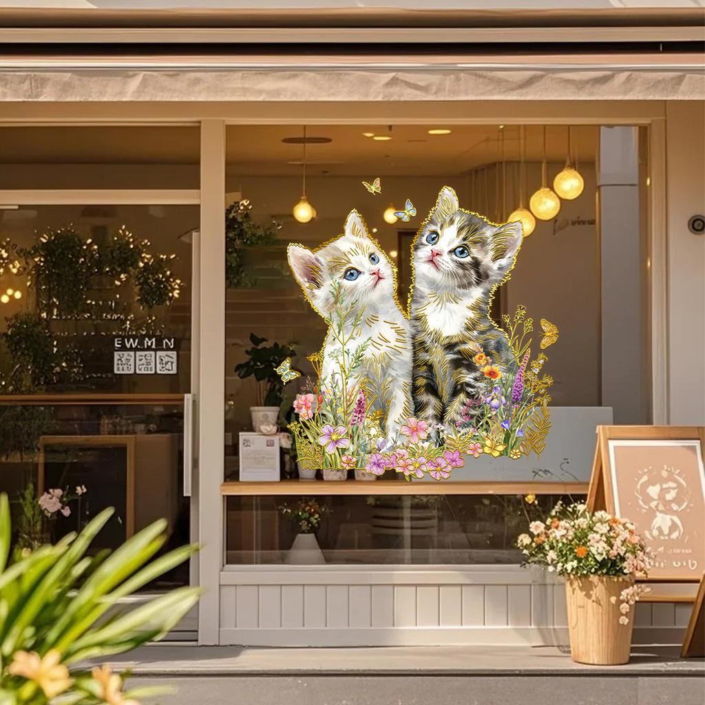Da19031 Creative Bronzing Cute Cat Flower Window Sticker Store Home Decoration Double-Sided Visual Static Glass Sticker