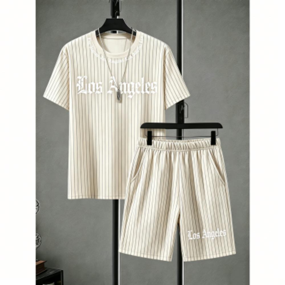 Fashion Men's Set Striped Grid Printed Men's T-shirt and Shorts 2 Piece Set Summer Casual Outdoor Men's and Women's T-shirt Sets