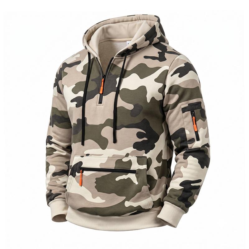 Men's Camouflage Half Zip Hoodie, Long Sleeve Drawstring Hooded Sweatshirt with Zipper Pockets, Casual Tactical Streetwear Pullover for Men