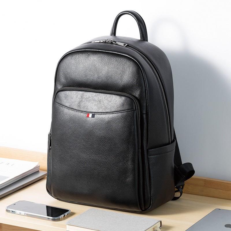 Genuine Cowhide Backpack Simple Daily Commuting Computer Layered Men s Leather чёрный