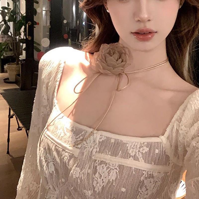 Lolita Camellia Choker Necklace for Women - Dark Clavicle Chain, Maid Style Neckband Collar