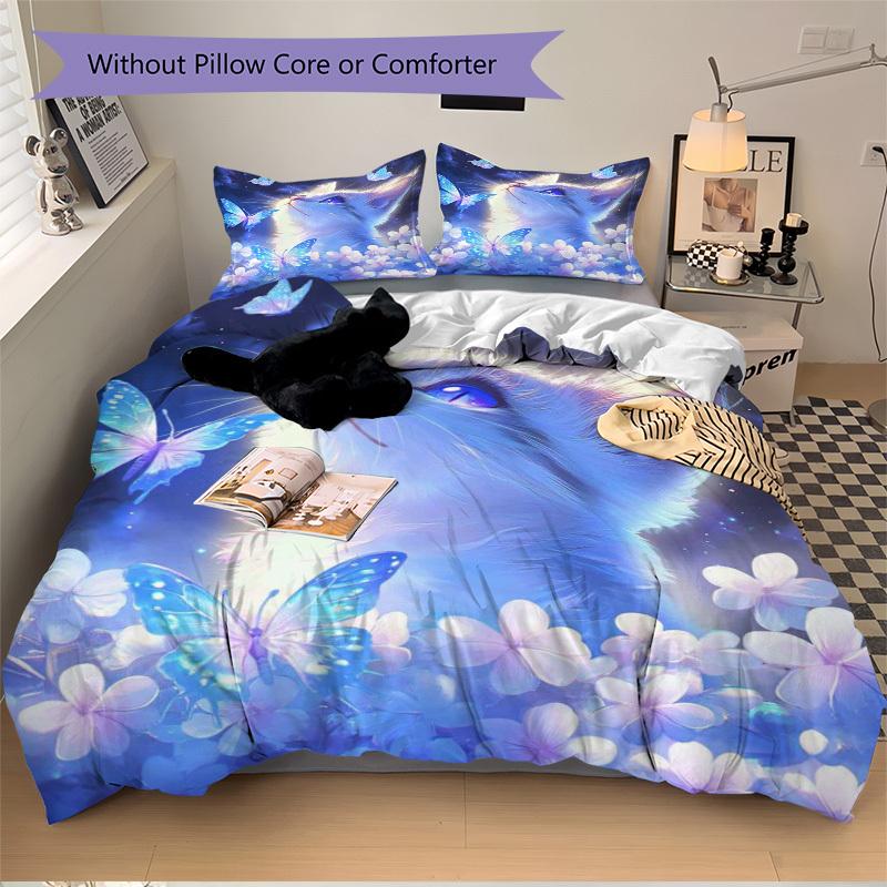 3pcs Anime Cat Butterfly Floral Bedding Set - Includes One Quilt Cover and Two Pillowcases (No Core) - Home Decor, Festival Gift, Polyester