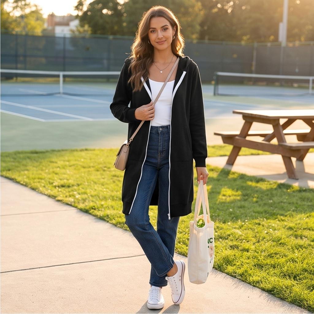 Women's Long Zip-Up Hoodie with Pockets, Casual Versatile Hooded Coat for Everyday Wear