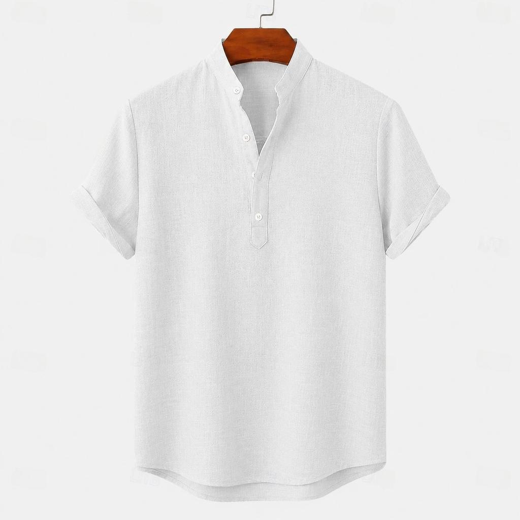 Men's Linen Shirts Short Sleeve Button Up Neck Stand Collar Casual Summer Home Daily Shirts