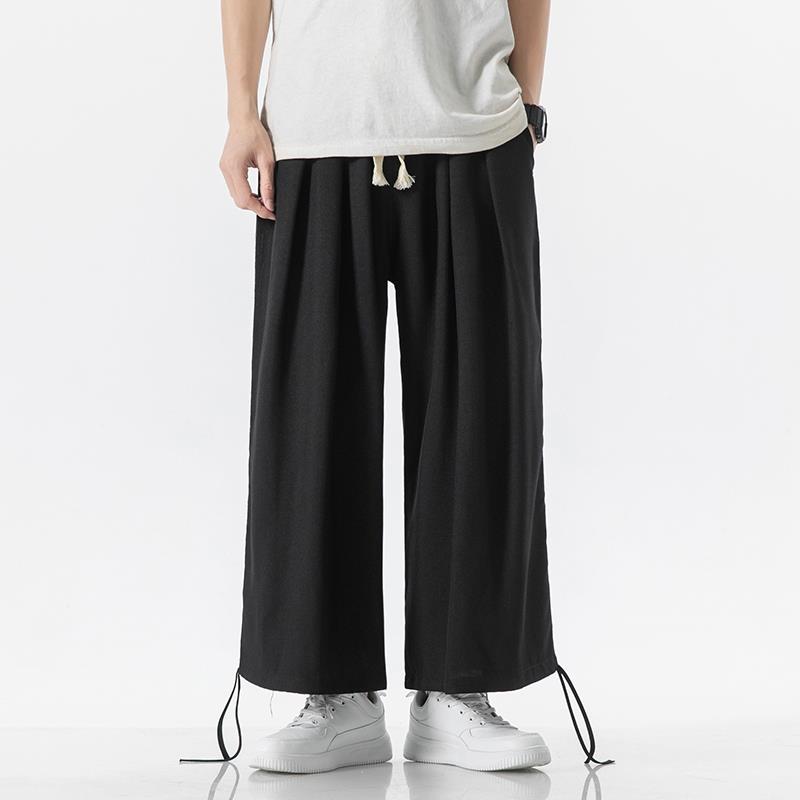Men's summer light and large size cotton and linen straight wide-leg pants men's trend nine-point casual pants
