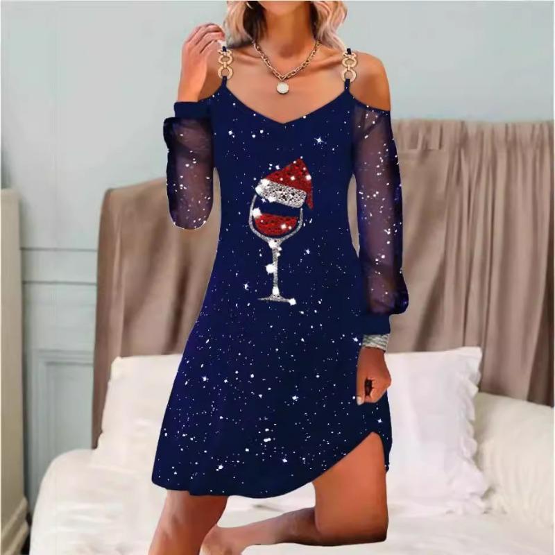 Damenmode Frühling Herbst Einfarbiger Druck Langarm V-Ausschnitt Hohe Taille Freizeitkleider