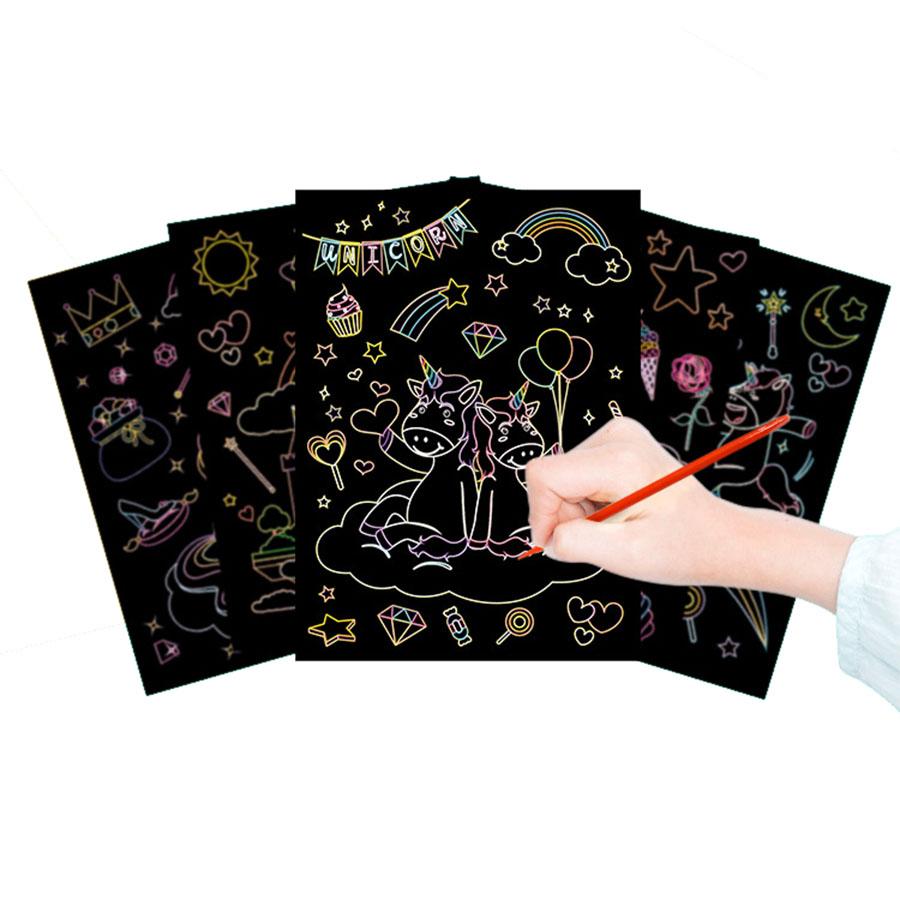 9pages Unicorn Mermaid Scratch Painting book with Wooden Pen Cartoon Magic Rainbow Color Scratch Card Back Coloring Art Gift JXB