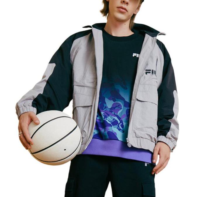 Fila Fusion Color Block Loose Fit Stand Collar Multi Pocket Casual Outdoor Work Jacket Men Jackets Deep-Black T11M215703FBK