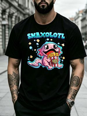 Cute Cartoon Style Unisexs Tshirt Snaxolotl Axolotl Eating Popcorn With Bubbles Casual Summer Wear Gift For Animal Lovers And Snack Enthusiasts