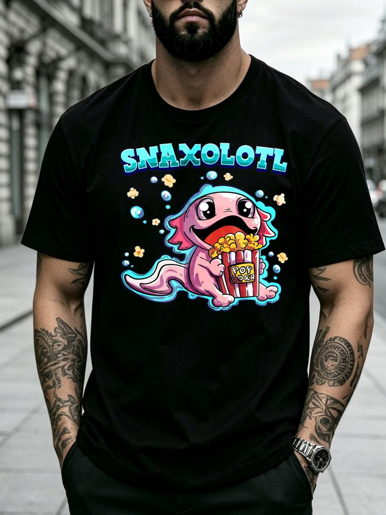 Cute Cartoon Style Unisexs Tshirt Snaxolotl Axolotl Eating Popcorn With Bubbles Casual Summer Wear Gift For Animal Lovers And Snack Enthusiasts