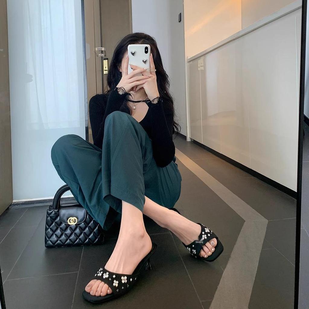 Socialite Style: Rhinestone Satin Square Toe Kitten Heel Sandals for Women - Perfect for Outdoor Summer Wear