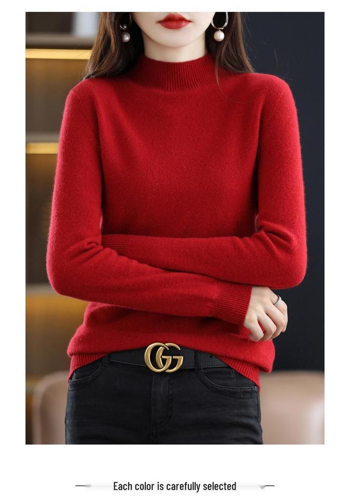 Women's Cashmere Knit Sweater - 2023 Autumn/Winter, Half-High Neck, Slimming Fit, Solid Color Pullover