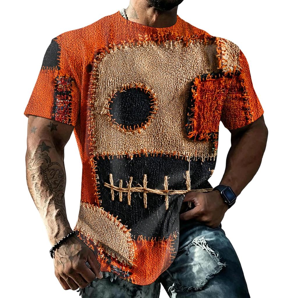Loose Fit Casual Short Sleeve T Shirt Halloween Patchwork Stitch Print Top for Men and Women Unisex Comfortable Everyday Wear