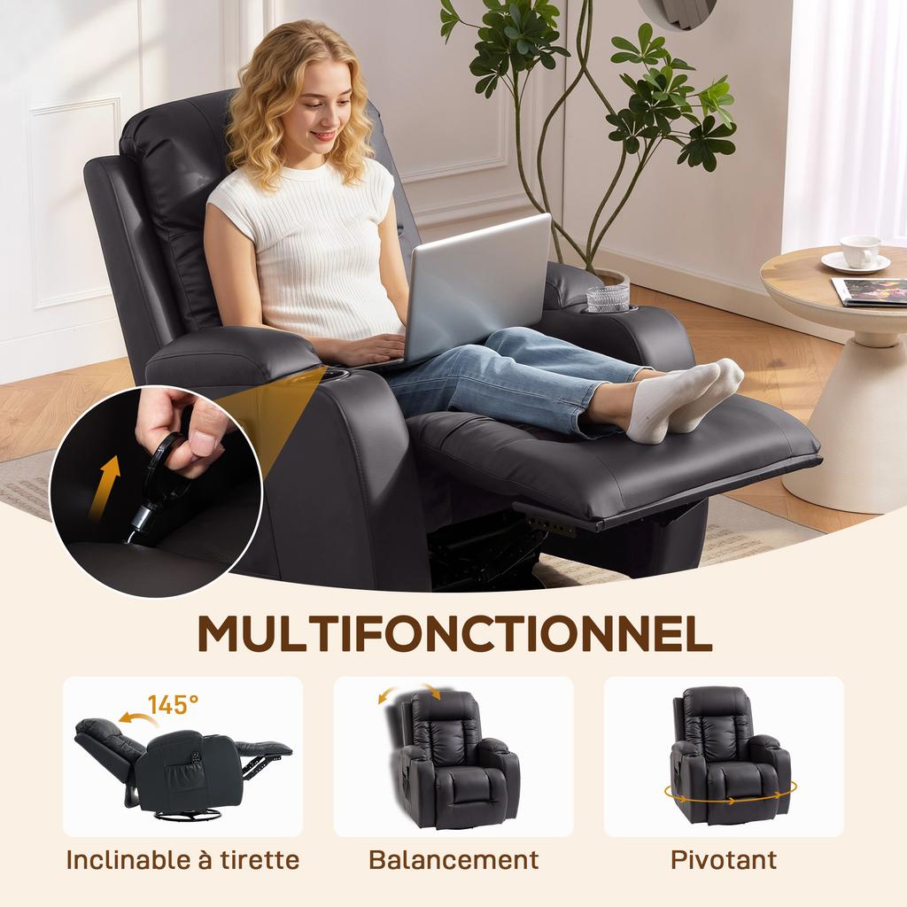 Reclining Massage Heating Chair, Relaxation Chair, Backrest, 360 Swivel, 82 x 99 x 103 cm, Brown