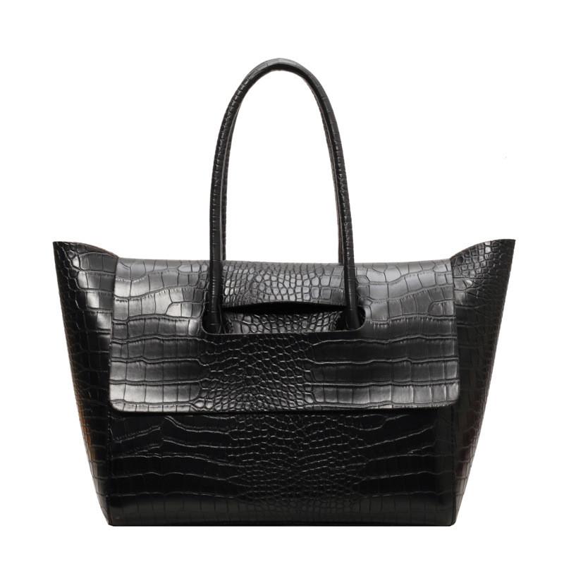 Color Simple Solid Crocodile Texture Women Large Capacity Shoulder Bag Tote