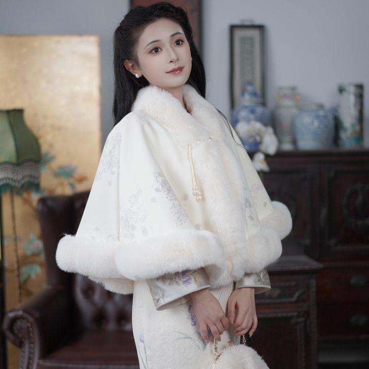 White Fleece-linedthickened Cheongsam with Shawl New Chinoiserie Beautiful Elegant Cloak Cloak Cardiganoutwear