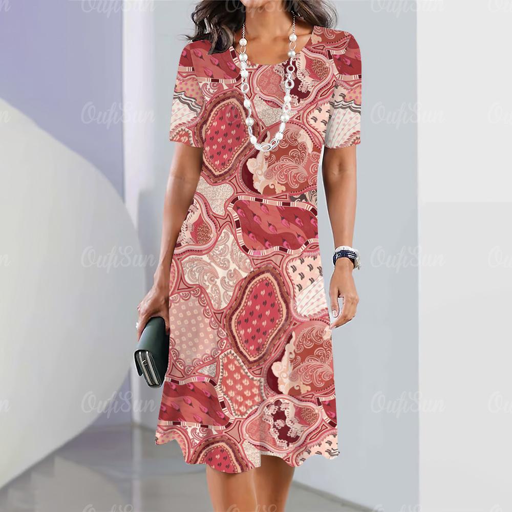 Letnia odzież damska Sukienki z krótkim rękawem Nieregularnie nadrukowana długa sukienka 3d Retro odzież damska Luźny okrągły dekolt Sweter