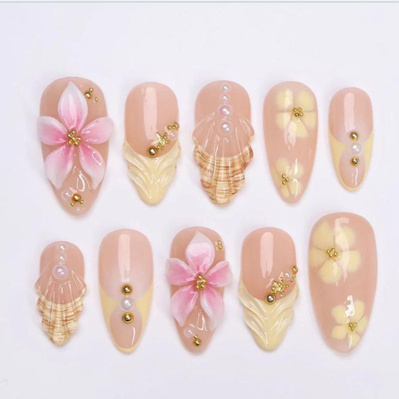 24-Piece Five-Petal Flower 3D Pearl Almond-Shaped Wearable Nails