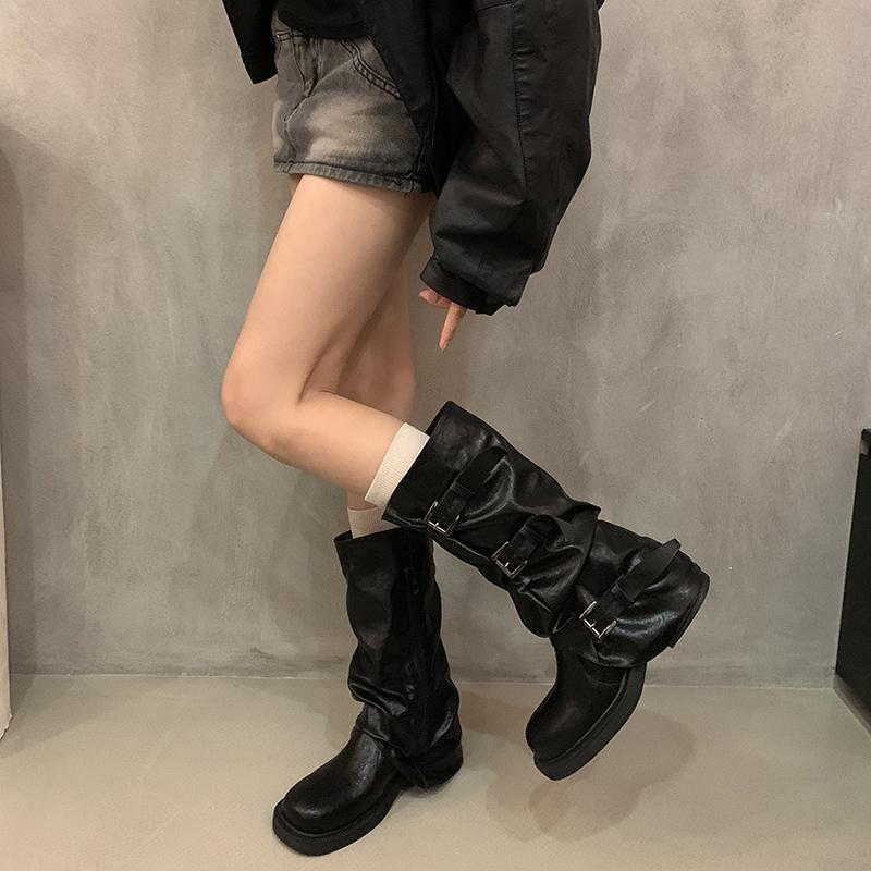 Belt Buckle Long Knee-High Women Boots Fashion Platform Heels Shoes Autumn Winter Slip On Party Botas Mujer
