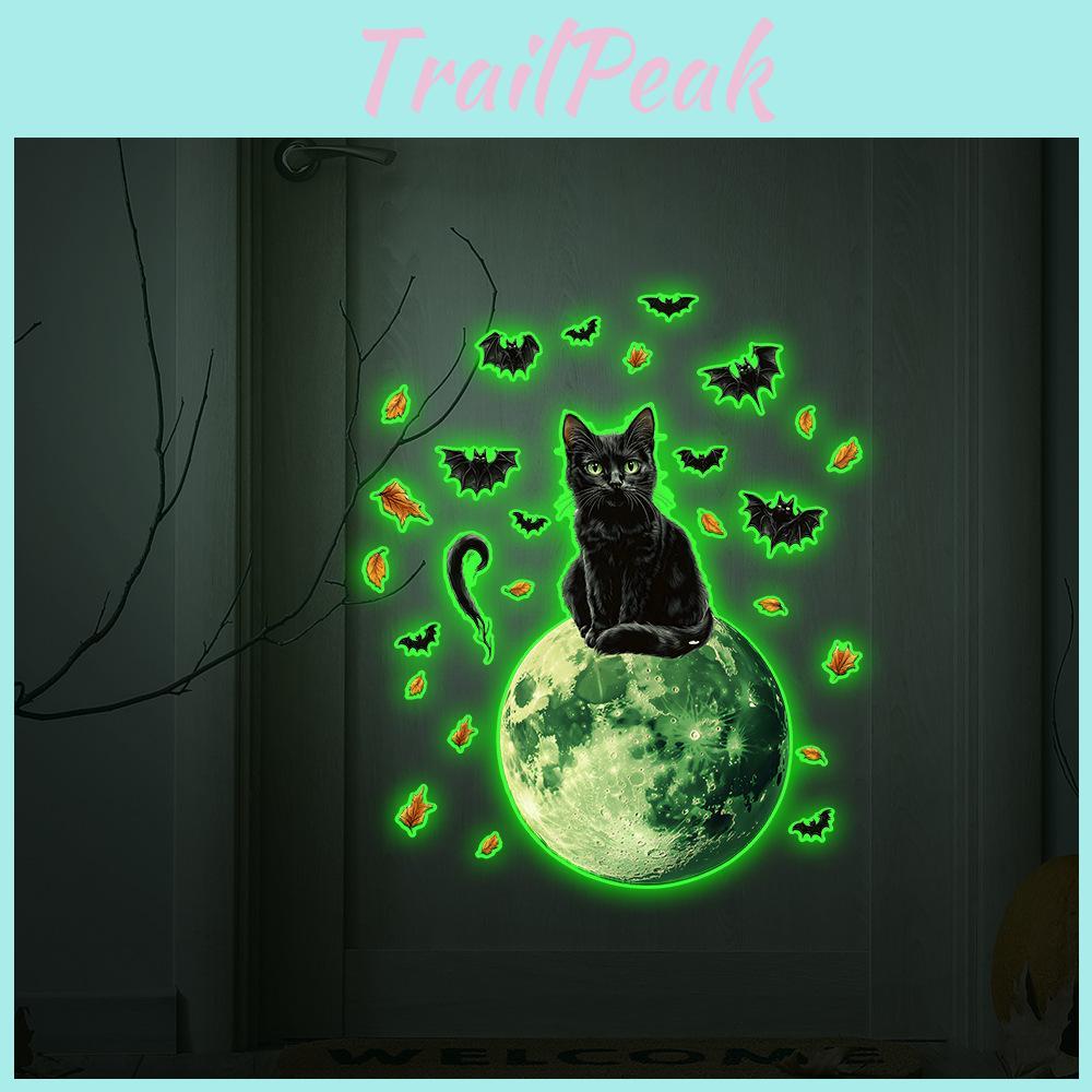 Halloween Light Green Moon Black Cat Bat Wall Decor For Bedroom Office Spaces