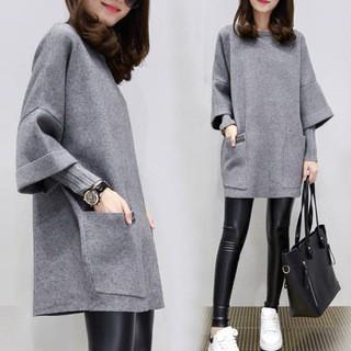 Women Plus Size Loose Pullover Sweatshirt Round Neck Patchwork Long Sleeve Pockets Mid-Length Solid Color Autumn Casual Top