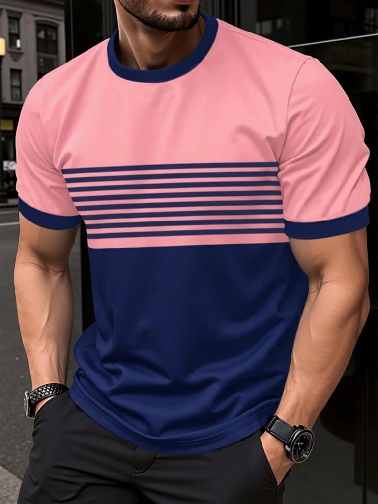 Fashion Men's T-Shirt Striped Pattern Short Sleeve Tee Summer Striped 3D Print Street Trend Simple Oversized Casual T-Shirt Men