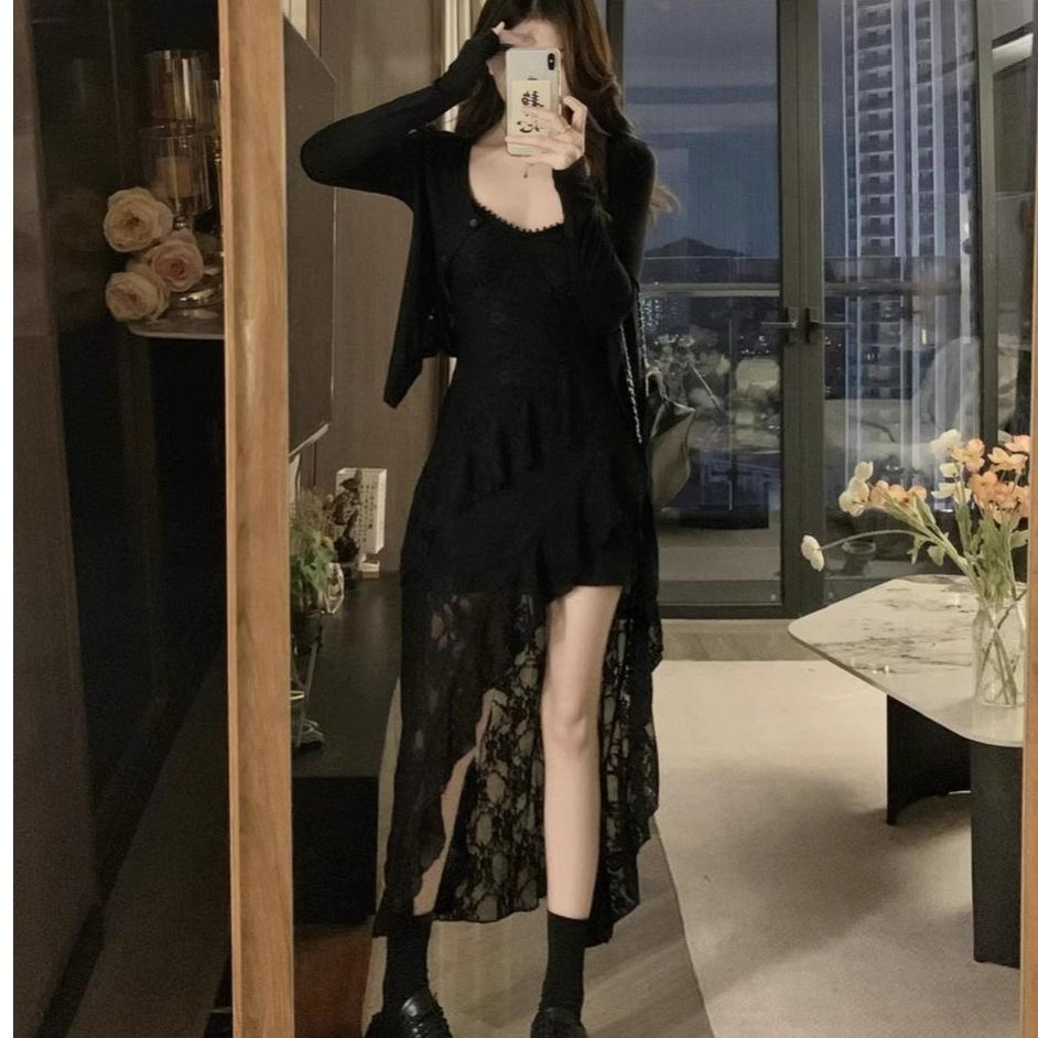 Large Size Hepburn Style Lace Dress Women's Summer Irregular Split Suspender Skirt Fat MM Belly Covering Thin Skirt