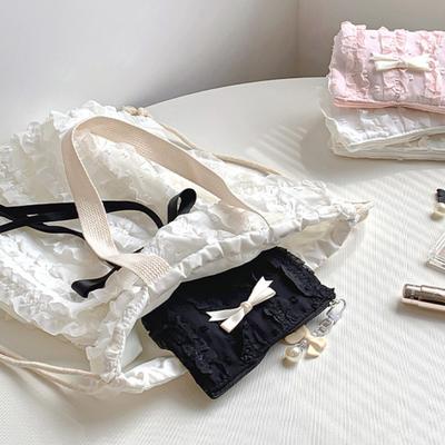 Cute Makeup Bag for Women Korean Style Lace Bow Cosmetic Pouch Large Capacity Travel Toiletry Organizer Zipper Clutch Coin Purse