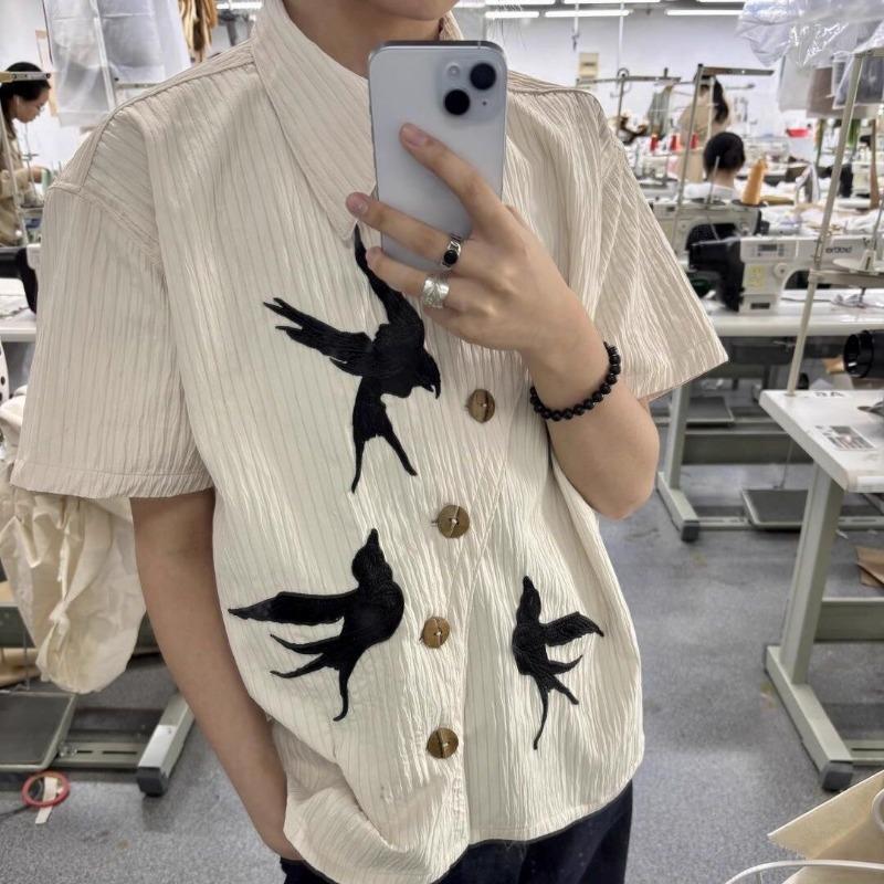 Men s Swallow Bird Embroidery Textured Short Sleeve Button Down Shirt Casual Streetwear Top S абрикосовый