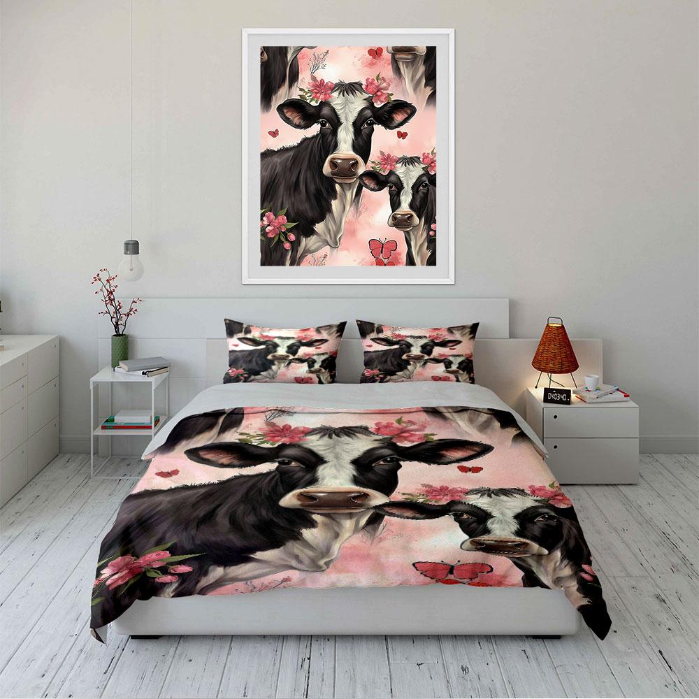 Cow Pattern with Flowers and Butterflies Bedding Duvet Cover Set (1*Duvet Cover 2*Pillowcases, without duvet insert)