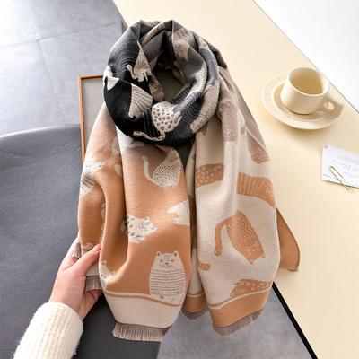Damen Herbst Winter Verdickte Kaschmir Warme Schals Katze Druck Schal Eleganz Design Wickel Imitation Kaschmir Schal Foulard