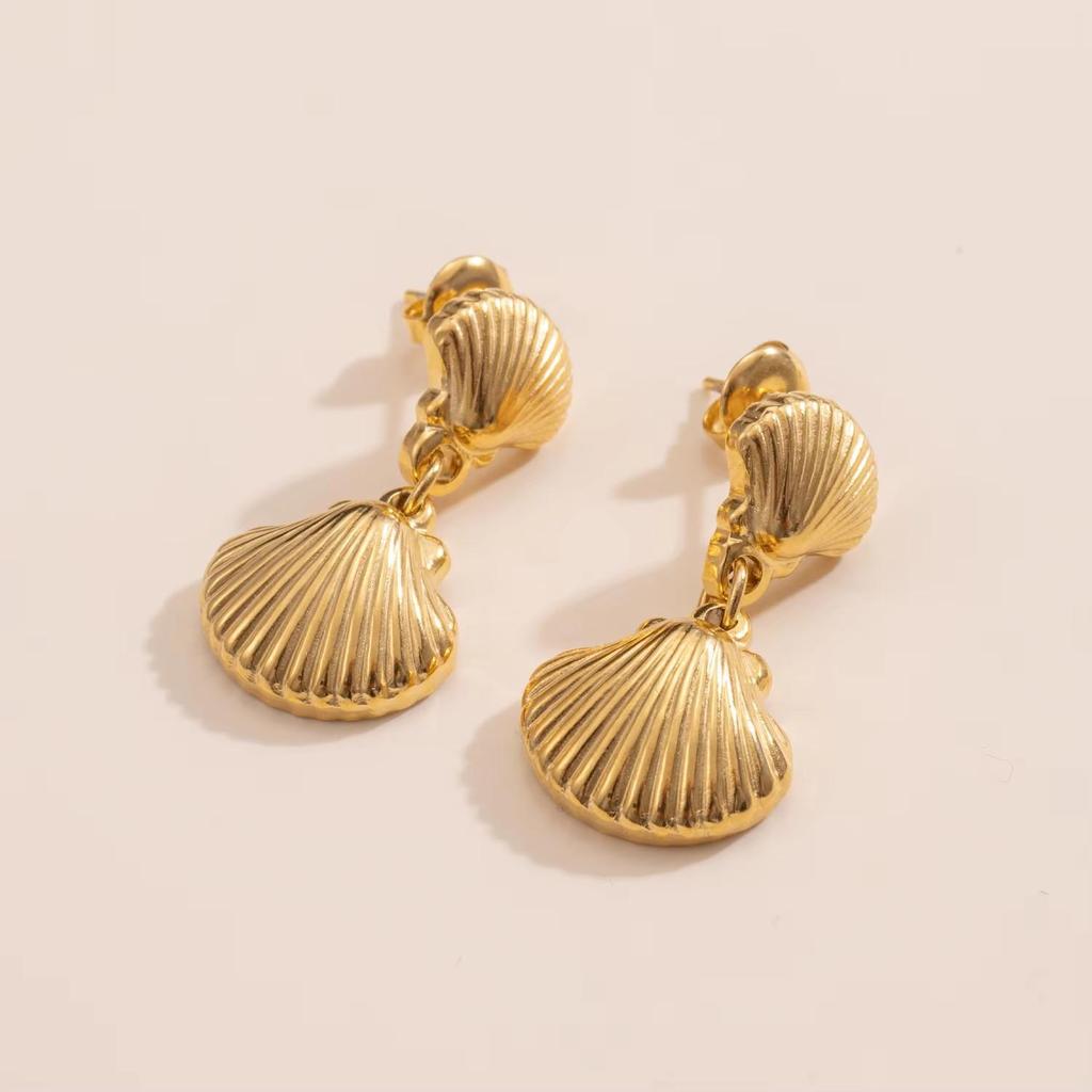 Fashion Jewelry 18K Gold Plated Classic Double Shell Dangle Drop Earrings Women Waterproof Stainless Steel Sea Shell Earrings