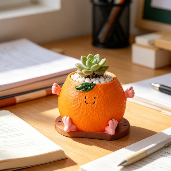 Cute Smiling Orange Succulents Planter, Realistic Orange Shaped Pot with Wooden Base, Kawaii Desktop Decor for Office Desk, Indoor Small Plant Pot