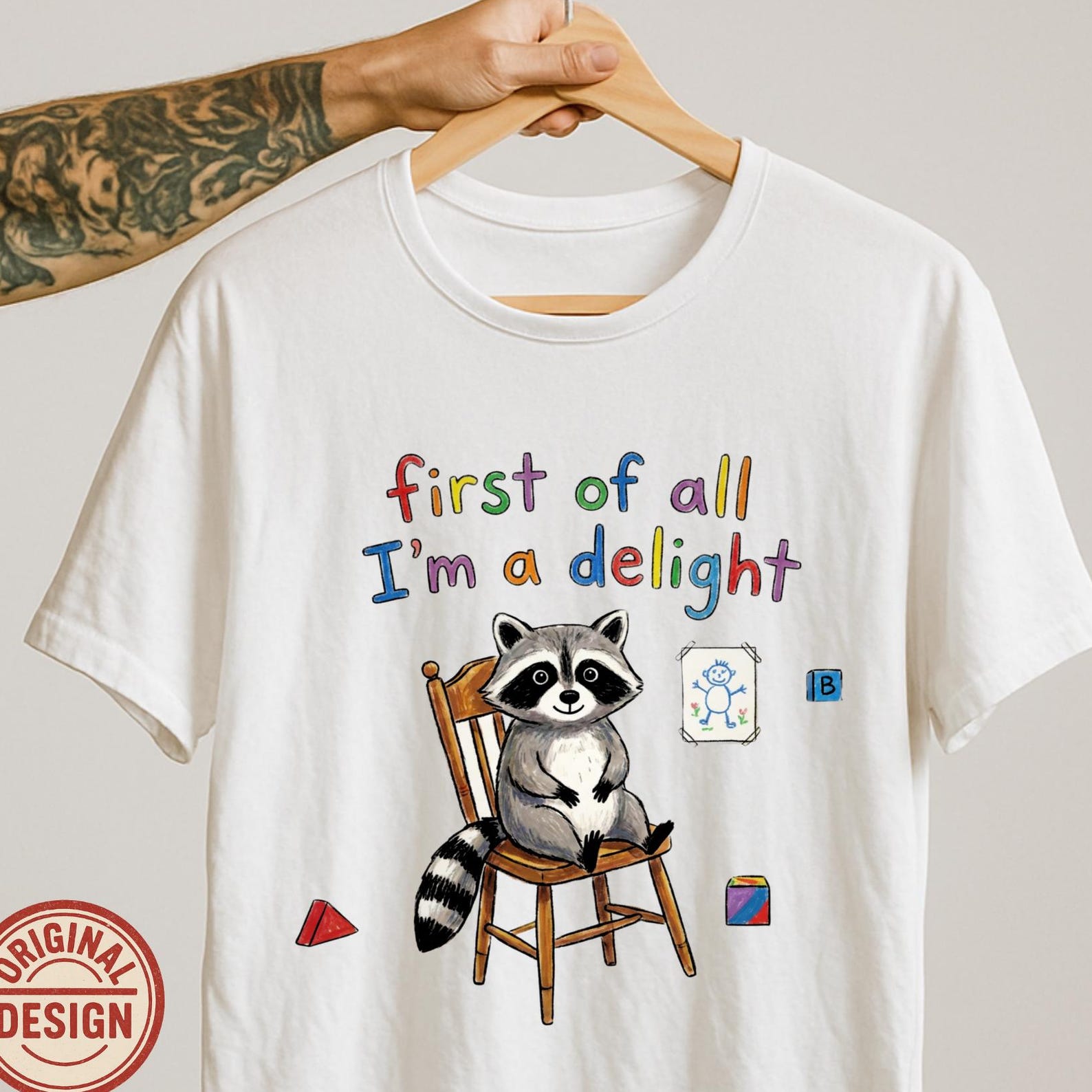 Funny Raccoon Shirt – First of All I’m a Delight – Cute Sarcastic Animal Tee, Hand Drawn Childlike Illustration. L