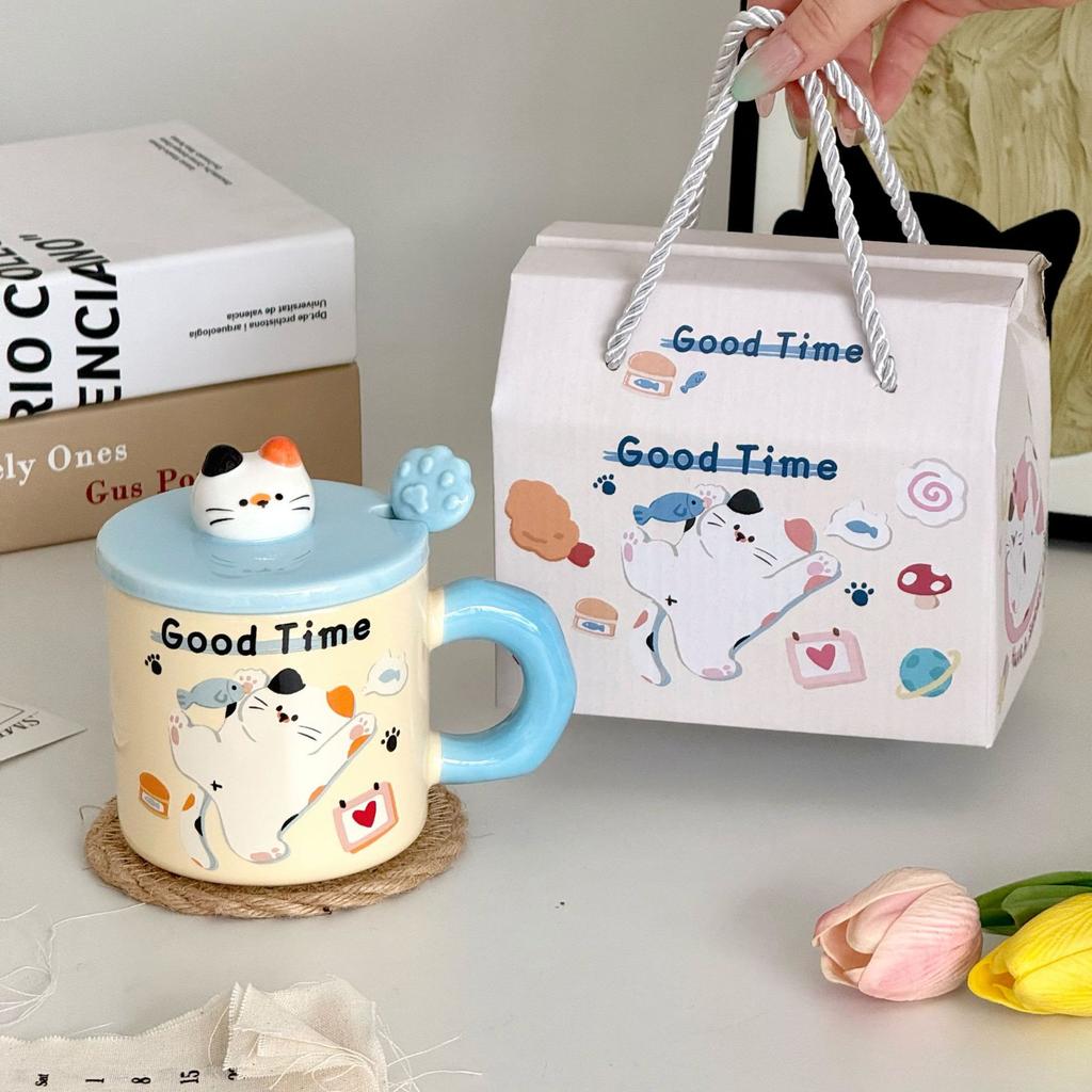 Cute Cat Birthday Gift Cute Cat Mug with Lid Couple Water Cup High Looking Best Friend Ceramic Cup