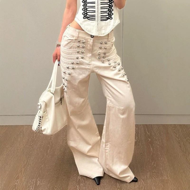 Y2K Metal Buckle Denim Pants Women Streetwear Retro Wide Leg Straight Cut Jeans High Waist Loose Fit