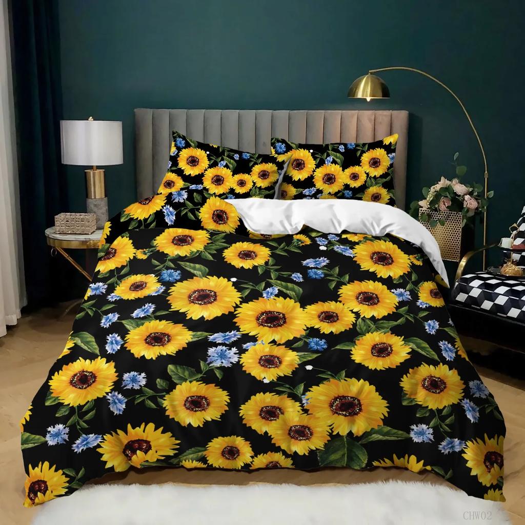 Sunflower Duvet Cover Set King Size 3D Sunflower Butterfly Nature Bedding Set Botanical Plants Novelty Polyester Comforter Cover