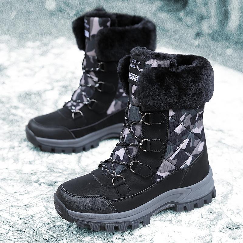 Damen Winterstiefeletten mit Camouflage-Muster, lässig, PU-Canvas, zum Schnüren, warme Baumwollschuhe für den Außenbereich, große hohe Stiefel, dicke rutschfeste Schuhe