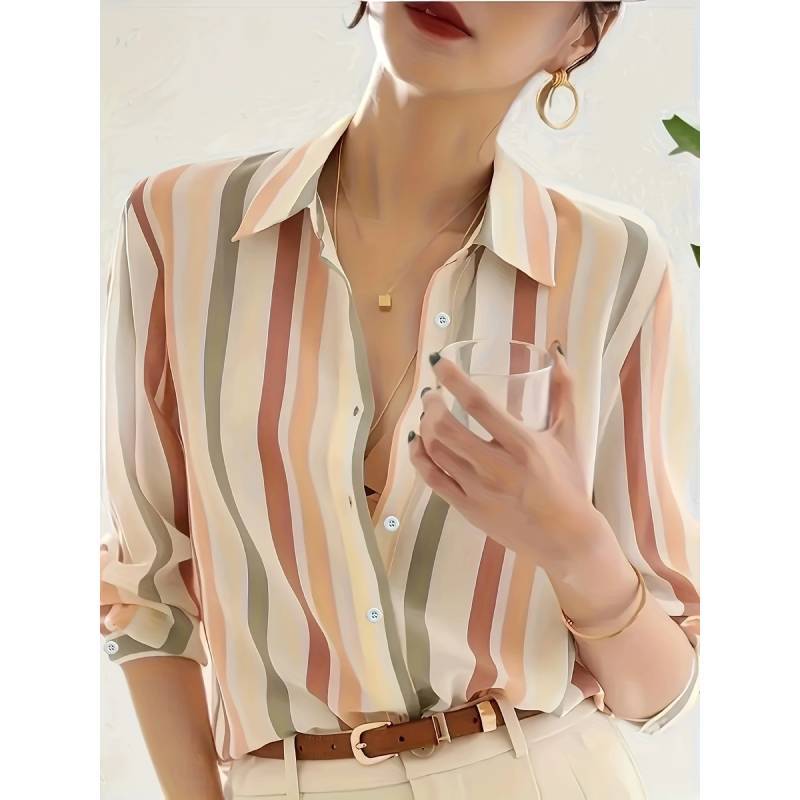 Womens Striped Long Sleeve Shirt With Spliced Fabric For Elegant Office Wear