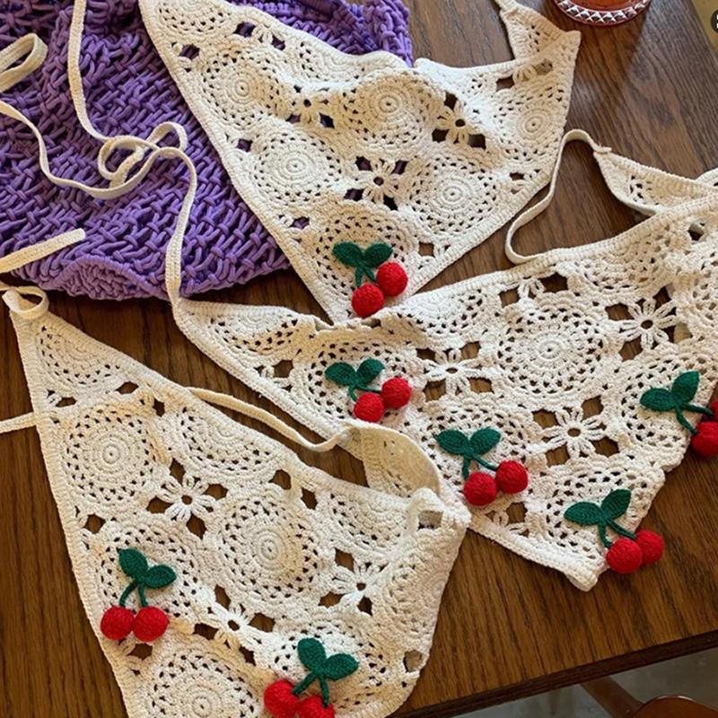 Knitted Triangle Headband Cute Little Cherry French Pastoral Style Headband Towel Crochet Flower Headscarf