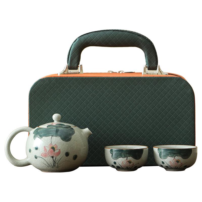 Hand-Painted Ge Kiln Ceramic Kung Fu Tea Set: Teapot & Two Cups Portable Set