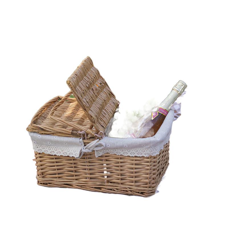Portable Rattan Woven Picnic Basket with Lid - Small Outdoor Floral & Fruit Basket