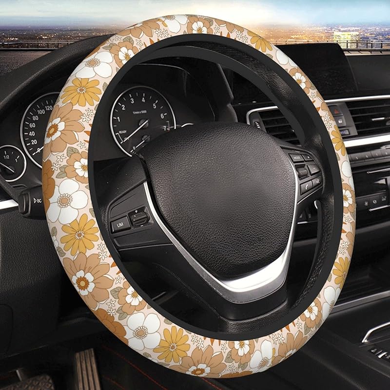 Chic Wildflowers Steering Wheel Cover For Men Women Universal Car Accessories 15 Inch Neoprene Auto Interior Decor