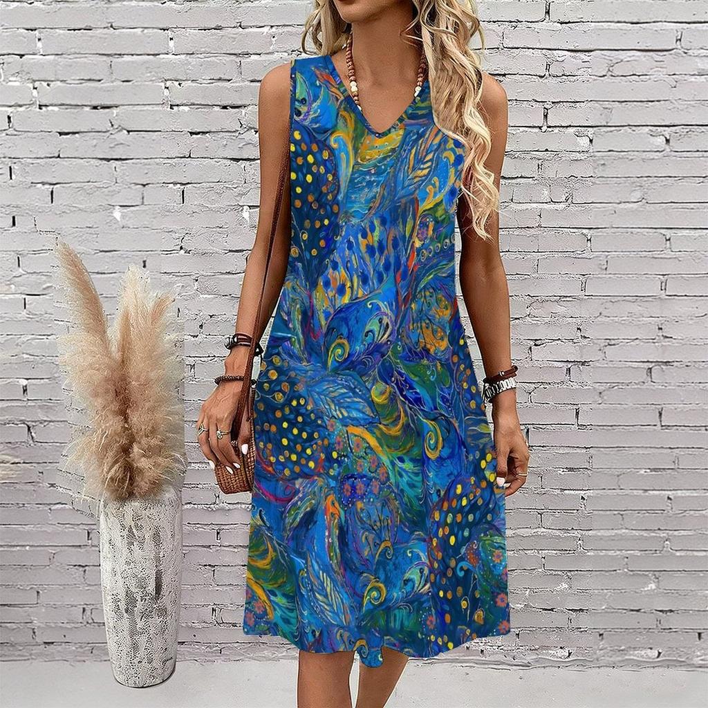 Plus Size V Neck Sleeveless Dress Verdant Mountain Waterfall Art Print For Wilderness Adventure Tour